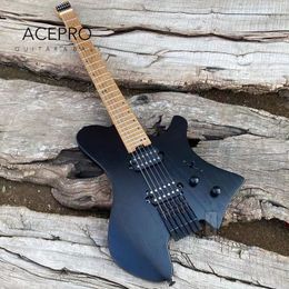 Acepro Dark Black Headless Electric Guitar 2 Humbucker Pickups Ash Body Roasted Maple Neck Stainless Steel Frets Free Shipping