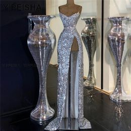 Sexy Glitter Long Prom Formal Dress 2023 Sheath V-neck Straps Sequined Women Evening Birthday Party Gowns Celebrate Outfit Wear Robe De Soiree