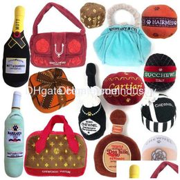 Dog Toys Chews Designs Fashion Hound Collection Unique Squeaky Parody Plush Dogs Toy Handbag Per Wine Bottle Ball Dhac8