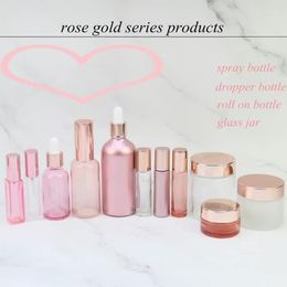 Storage Bottles 5Pcs 10/15/30/50/100ml Luxury Hair Oil Pink Clear Glass Dropper Bottle With Rose Gold Aluminium Lid Essential Vials