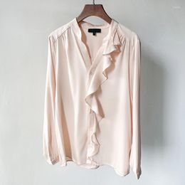 Women's Blouses 2023 Spring V-neck Shirt Ruffled Drape Silk Pure Colour Elegant