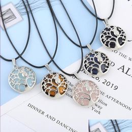 Pendant Necklaces Wholesale 10 Pcs Sier Plated Owl Opalite Opal Black Rope Chain Necklace Blue Sand Stone Jewellery Drop Delivery Penda Dhvru