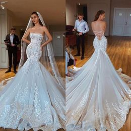 2020 Beautiful Mermaid Strapless Wedding Dresses Backless Illusion Corset Lace Up Bridal Gown With Chapel Train Vestido de noiva286o