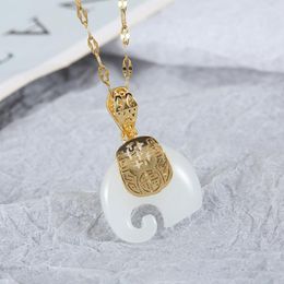 Pendant Necklaces 1PCS Vintage White Hetian Jade Elephant 18K Gold Plated Chain Necklace Stainless Steel Sapphire Choker Jewellery For Women