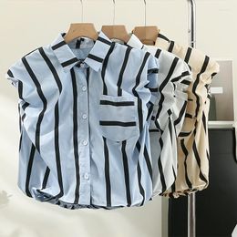 Women's Blouses Korejepo Stripe Shirt Top 2023 Summer Lapel Neck Vertical Age Reducing Women Blouse Korean Style Versatile Sleeveless Shirts
