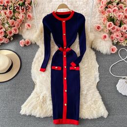 Dresses Neploe Ladies Grace Temperament Knitted Vestidos Mujer Oneck Bodycon Long Sleeve Female Robe Versatile Slim Hip Women Dresses