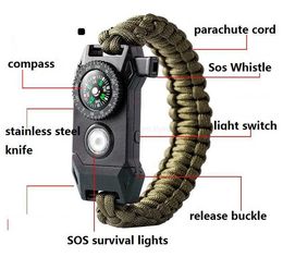 Fashion outdoor Climbing Rope Survival Cord Bracelets Paracord Bracelets with SOS LED lamp Light Compass Hope Bangles tactical rescue tool