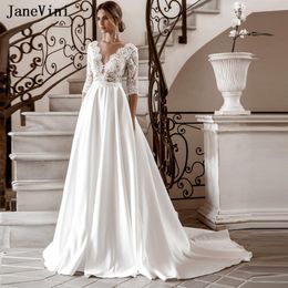 JaneVini White Long Wedding Dress with Sleeves 2020 V Neck Elegant Lace Appliques Satin A Line Princess Bridal Gowns Sweep Train230c