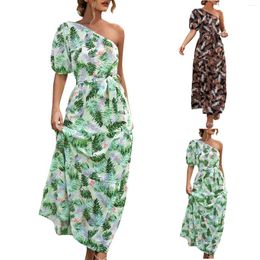 Casual Dresses Dress For Women 2023 Floral Print Sloping Shoulder Short Sleeves Exposed Single Clothing Woman Summer Vestidos