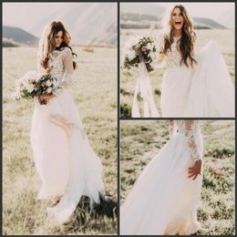2020 New Elegant Vintage Secret Country Style Lace Wedding Dresses with Long Sleeves Back Zipper Modest Sweep Train Bridal Gowns 3252p