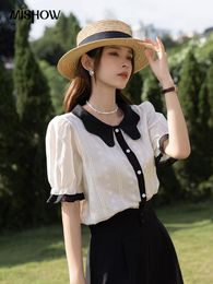Shirts Mishow Women's Blouses 2022 Summer French Office Lady Peter Pan Collar Puff Sleeve Single Breasted Sweet Female Tops Mxb27x0205