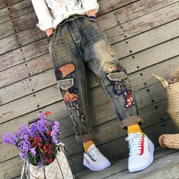 Jeans Qpfjqd 2021 Spring Original Vintage Cartoon Robot Girl Embroidery Denim Jeans Full Length Trousers Loose Harlan Pants