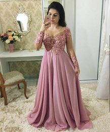 Stunning Lace Dresses Evening Wear With Long Sleeves Sheer Jewel Neck Beaded Prom Gowns Vestidos De Fiesta Sweep Train Chiffon Formal Dress