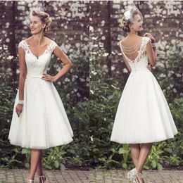 Elegant Tea Length Short Wedding Dresses Cap Sleeves Appliques Lace Wedding Gowns Tulle V Neck Short Bridal Gowns Cheap188e