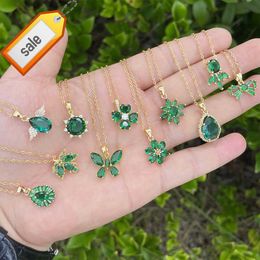 SC Vintage Luxury Emerald Green Zircon Necklace Multitype Grape Cross Clover Maple Leaf Flower Butterfly Pendant Necklace Women