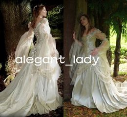 Vintage Ivory Champagne Medieval Wedding Dresses with Long Sleeve Victorial Bustle Lace-up Corset Fairy Tale Bridal Gown