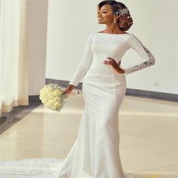 2020 Arabic Aso Ebi Gorgeous Lace Beaded Wedding Dresses Mermaid Long Sleeves Bridal Dresses Satin Wedding Gowns ZJ2241731