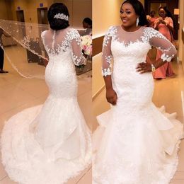 Africa Plus Size Mermaid Wedding Dresses Jewel 3 4 Long Sleeve Illusion Bodice Appliques Lace Country Bridal Gowns Wedding Dress2631