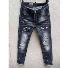 Men's Jeans Trendy Men's Casual Letter Hole Spray Painted Fashion High Street Denim Fabric Pants 112#