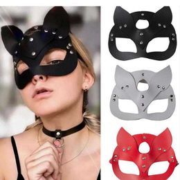 Sleep Masks PU Leather Mask Half Eyes Cosplay Face Cat Leather Harness Mask Cosplay Mask Women Leather Fun Cat Mask Black Party Halloween J230602