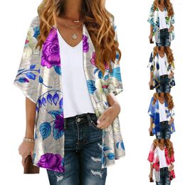 Ethnic Clothing Women Floral Print Three Quarter Sleeve Kimono Cardigan Loose Cover Up Casual Overshirt Button Party Retro Vintage