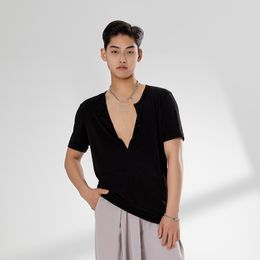 Stage Wear 2023 Men Latin Dance Clothes V Neck Tops Loose Practice Shirt Rumba Salsa Ballroom Competition Clothing Black BL10671