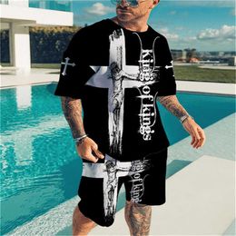 Tracksuits Summer Jesus 3D Printing Men's Short Sleeve Two Retro Stereo T-shirt Set Fashion Street P230603