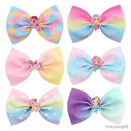 Hair Accessories 1Pcs Rainbow Fish Horse Bow with Clips For Kids Girls Handmade Children Hairpin Dance Party Inches