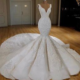 Luxury 2021 Wedding Dresses Mermaid Deep V Neck Lace Appliques Bridal Gowns Beads Long Train vestidos de novia306E