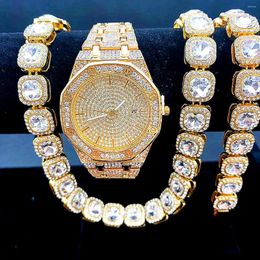 Wristwatches 3PCS Iced Out Watch Bracelet Necklaces For Men Gold Chains Bling Jewelry Simple Watches Gift Relojes