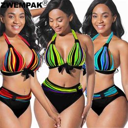 Women's Swimwear New Arrival Summer Women Bandage Halter Bikini Set Multi Colour Stripe Bowknot Decorated Bikinis Large Swimming Suit Big Swimwear J230603