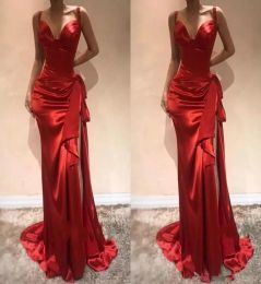 2023 Red Prom Dresses Satin Side Slit Floor Length Straps Custom Made Ruched Pleats Evening Gown Formal Ocn Wear Vestidos Plus Size 403 403