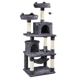 Scratchers 62.2" Double Condo Cat Tree and Scratching Post Tower, Dark Grey Cat Furniture Cat Tree Cat Accessories Cat Tree Tower