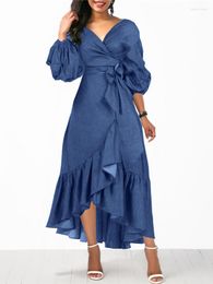 Casual Dresses VONDA Fashion Demin Maxi Dress Women 3/4 Sleeve V Neck Irregular Long Elegant Solid Ruffled Party Vestidos Belted