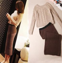 Work Dresses Autumn Winter Kniting Two Piece Sets Handmade Crochet Sweater Long Sections Package Hip Skirt Set Suits Elegant Fashion
