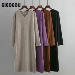 Dresses Gigogou Split Up Women Long Knit Maxi Dress Autumn Winter V Neck Ribbed Tunic Dress V Neck Woman Elegant Pullover Straight Dress