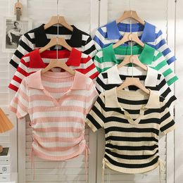 Women's T-Shirt Retro striped knitted short sleeved V-neck cut T-shirt for women's elastic top P230602