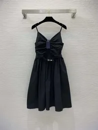 Women's Designer Featuring Summer Celebrity Style Chest Pleated Design with Triangle Label Cotton Waist Shrinking Slim Strap Dress+Belt Black and White S-L