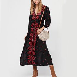 Dresses Khale Yose Cotton Summer Dress Long Sleeve Floral Embroidery Bohemian Dresses for Women Ethnic Hippie Chic Style Beach Clothing