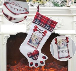 Plaid gifts bag Christmas candy Bags Pet Dog Cat Paw Stocking Socks Xmas Tree Hanging Pendant Toy Doll Decor for christmas new year socks
