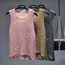 Tops 2020 Summer Sexy O neck shiny gold tank tops women silver sequined knitted tank tops women loose bling bling sequines vest tops