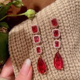 Dangle Earrings Ruby Water Drop Wedding Banquet Light Luxury Shaped Crystal Set Zircon Noble Temperament