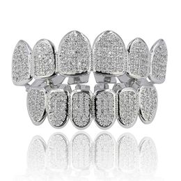 Hip Hop braces Dental Teeth Grillz Full zircon Gold Silver Grills Teeth Set Fashion Jewelry High Quality Eight 8 Top Tooth Six 6 Bottom 1259