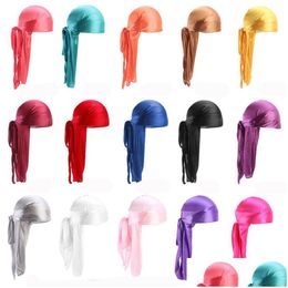 Beanie/Skull Caps Silky Satin Turban Cap Uni Long Tail Bandanna Fashion Solid Color Pirate Hats Women Men Head Scarf India Hat Hair Dhjfz