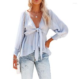 Women's Blouses Women Summer Sexy Deep V-Neck Front Tie Knot Shirts Puff Long Sleeve Chiffon Blouse Solid Colour Flowy Ruffled Peplum Top