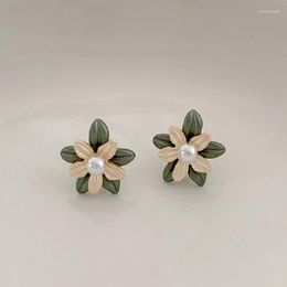 Stud Earrings Lovelink Design Double Layer Flower Leaf Resin For Women Girls Sweet Cute Pearl Floral Earring Accessory