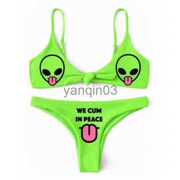 Women's Swimwear 2022 Women Two Piece Swimsuit Halloween Alien Print Green Padded Bikini Bra + Sexy Briefs Femme Sexy Bathing Suit Swimwear J230603