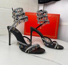 Crystals Embellished rhinestone Heels sandals Ren 95mm Designers Ankle Wraparound women high heeled sandal flower rhinestone Evening shoes 002