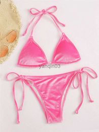 Women's Swimwear Velvet String Triangle Bikini Mujer 2023 Sexy Halter Swimsuit Women Swimwear Micro Thong Brazilian Bikinis Set Bathing Suit J2306