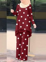 Dress Zanzea Women Polka Dot Printed Tracksuit 2pcs Autumn Long Sleeve Blouse Pants Sets Islamic Clothing Outifits Fashion Muslim Sets